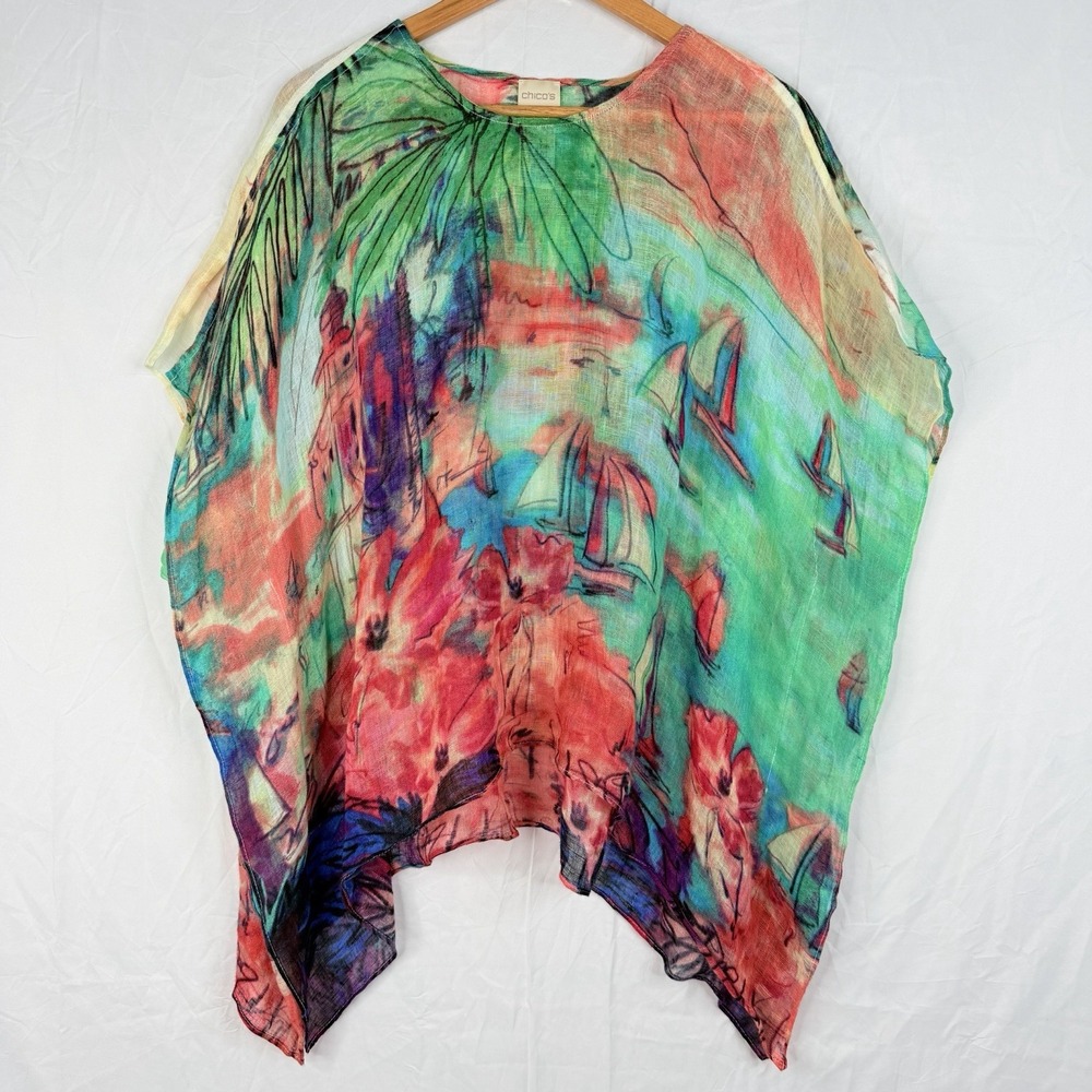 CHICO Women's 100% Linen Cover-Up Blouse Poncho Oversized S\M Artsy Lagenlook